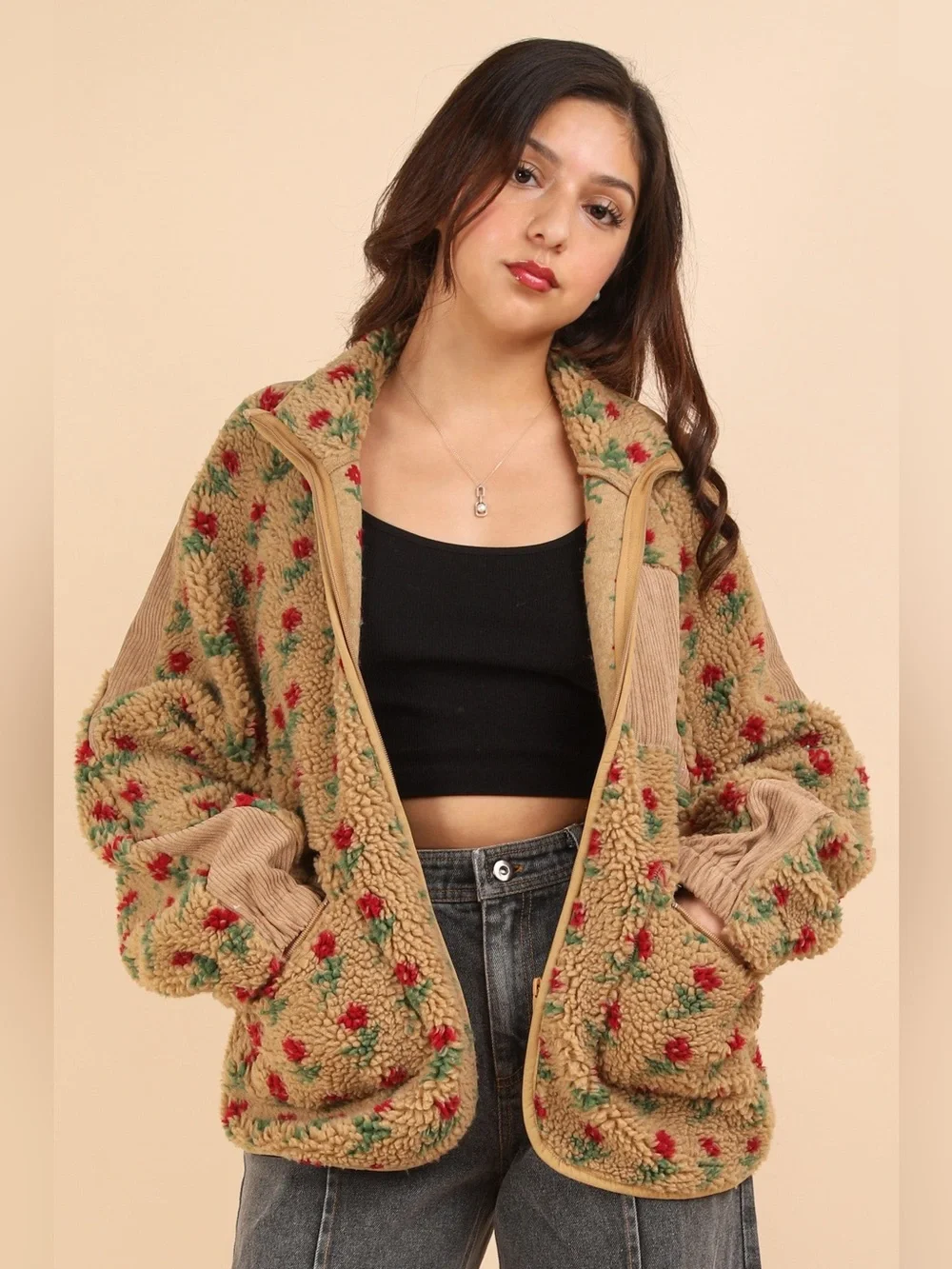NEW IN Oversized Floral Print Sherpa Fleece Jacket Size XL ?